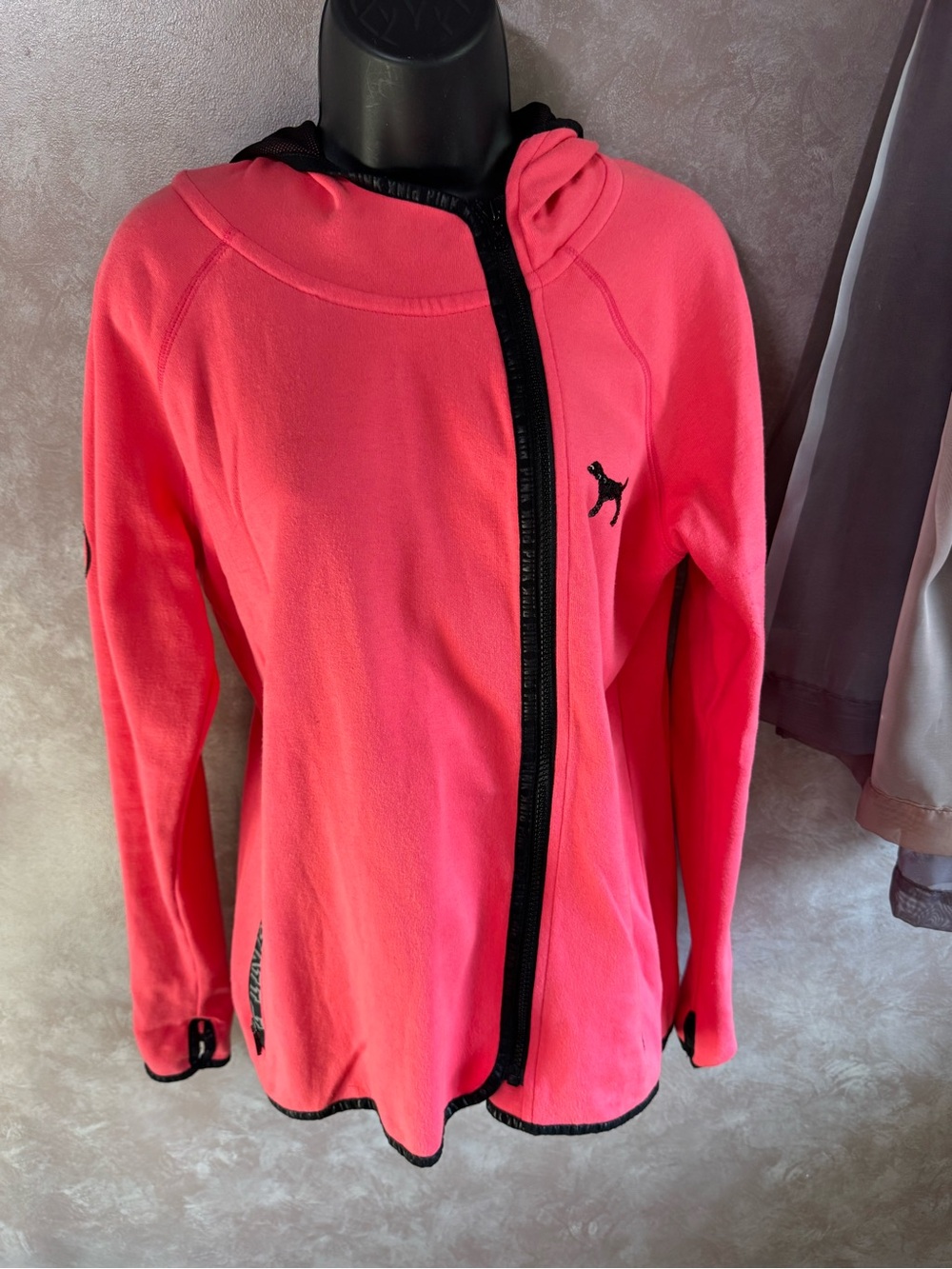 Vintage PINK Victoria's Secret Hot Pink Zip Hoodie with Black Trim